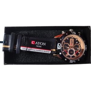 Cayon 1996 Men's Black Vintage Leather Strap Chronograph Watch Rose Gold Accents